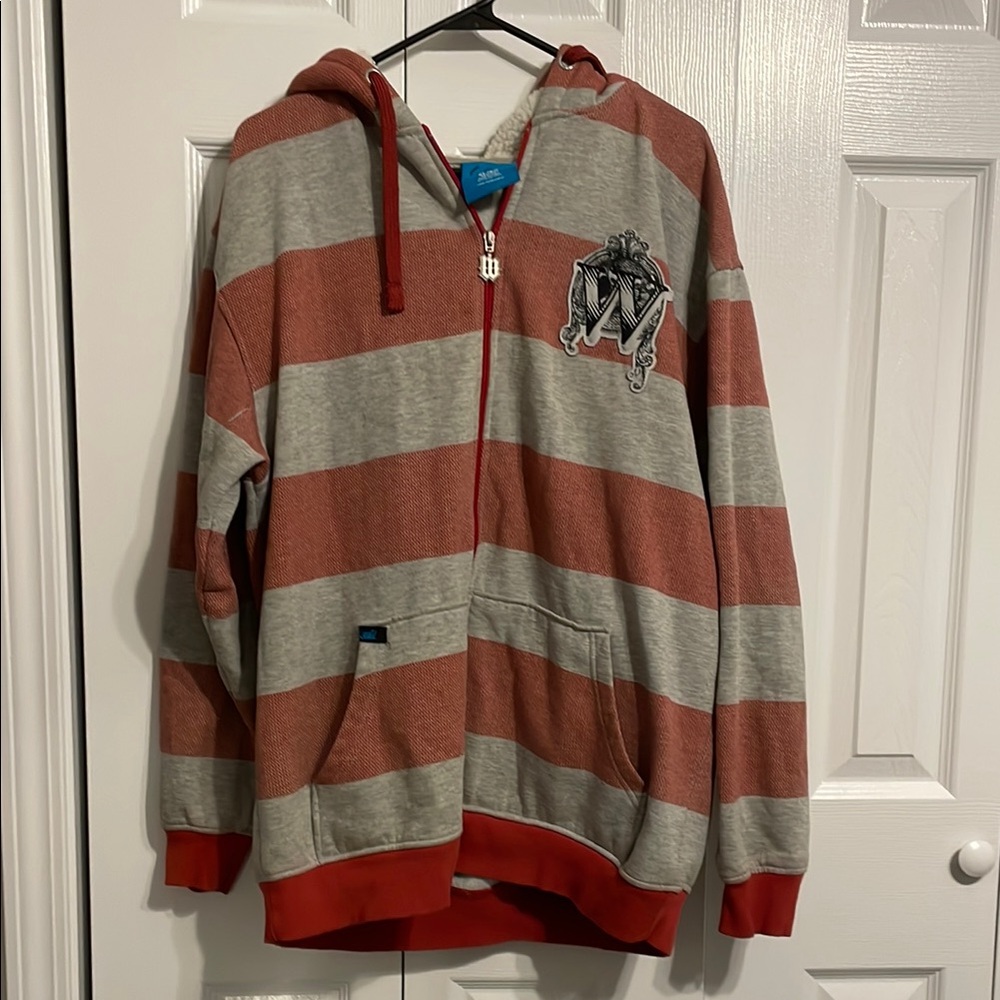 Gray and Red Striped Zip-Up Hoodie wake XL plush lined hood front pockets